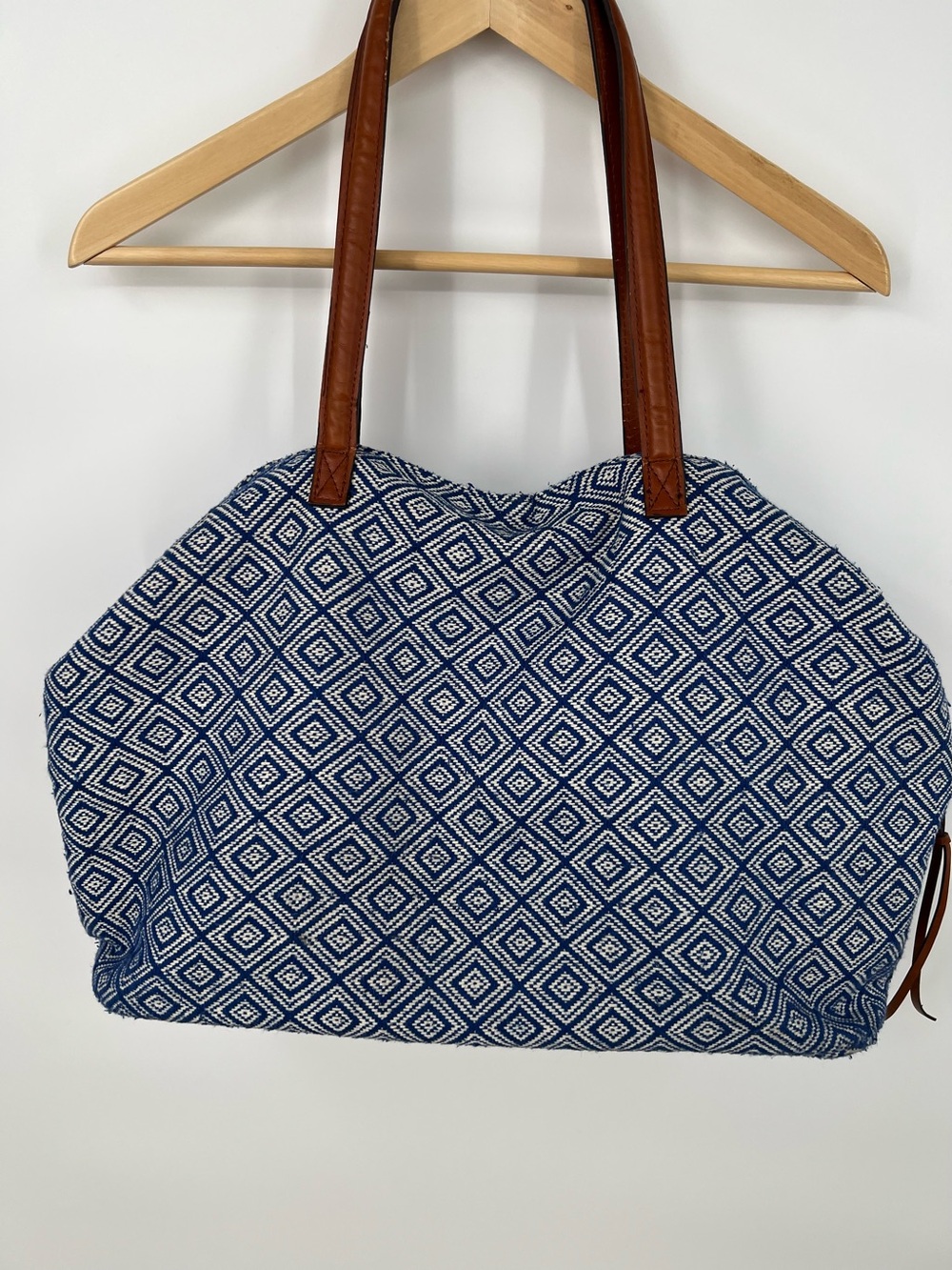 Street Level Blue Diamond-Pattern Tote with Brown Leather Handles